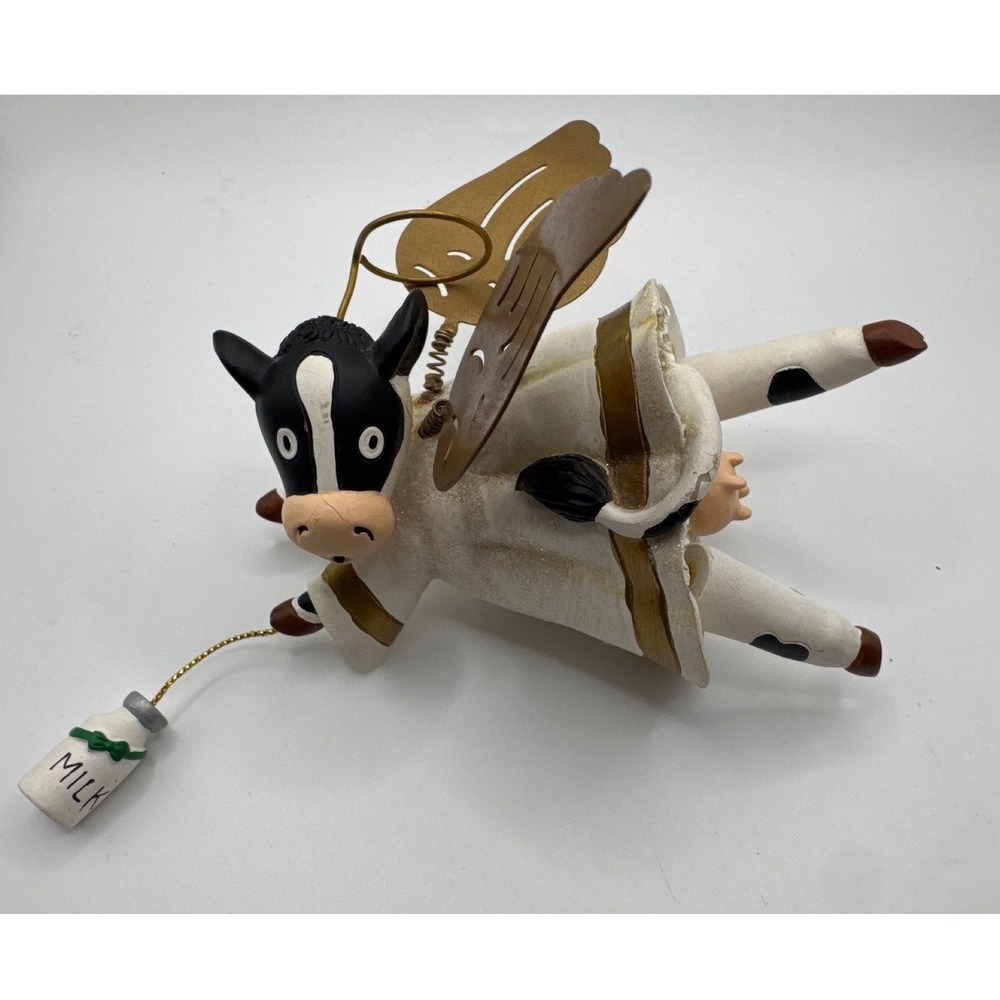 Whimsical Flying Angel Cow Christmas Ornament with Milk Bottle Gold Wings